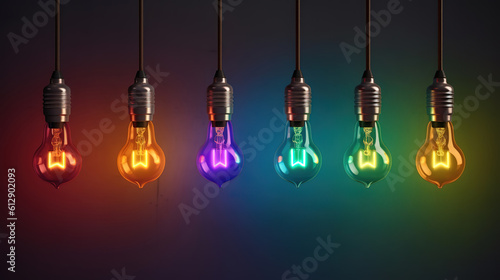 Light bulb lamps on a colour background. Generative ai