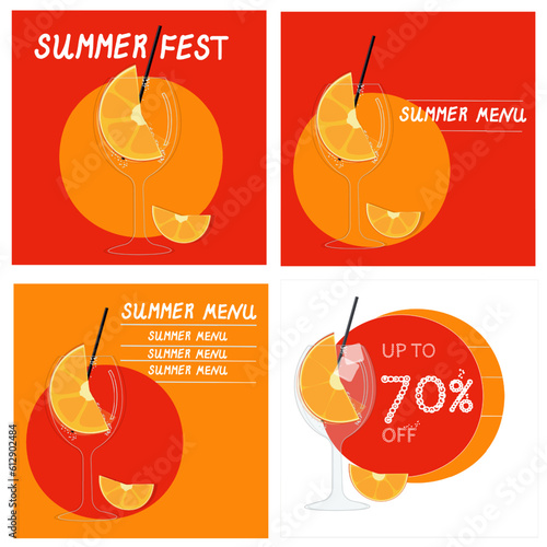Summer poster set for advertising, discount, menu, with glass and soft drink, concept of hot evaporating prices, vector