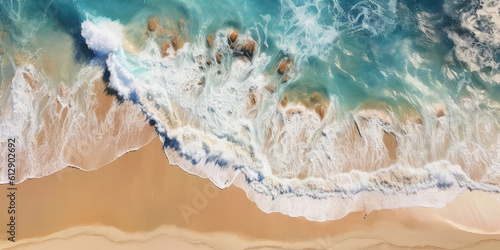 Top view on blue ocean waves with white foam crashing on the sandy beach shore. Beach summer vacation on seashore, horizontal banner template. Generative AI drone overhead photo imitation.