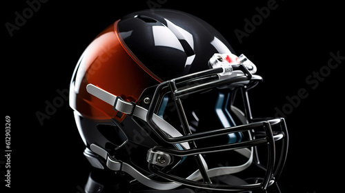 Side view of a red football helmet on a black background. Generative ai