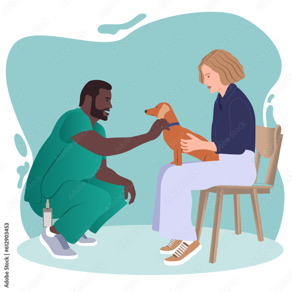 Vet doctor with a dog and his owner. Cartoon veterinarian examining cute pet. Dogs and cats treatment. Vector illustration in flat style. Vet doctor with a dog and his owner. Cartoon veterinarian examining cute pet. Dogs and cats treatment. Vector illustration in flat style.