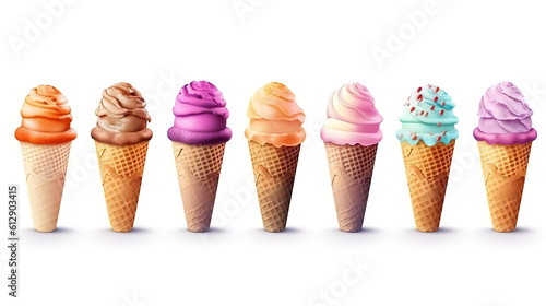 Set of empty crispy wafer ice cream cones on white background. Generative ai