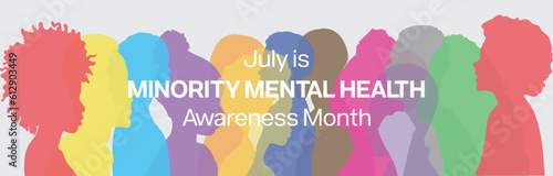 Minority Mental Health Awareness Month design banner with colorful silhouette of minority people. Vector illustration 
