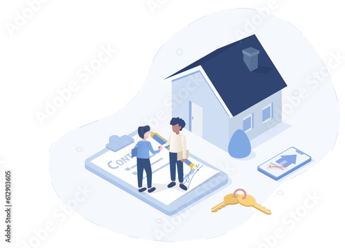 Mortgage or real estate rental concept. Second-hand home sales. Sellers and buyers deal contracts or agreements with signatures on paper. Isometric 3D vector design illustration with copy space.
