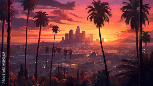 Beautiful scenic downtown Los Angeles on golden sky sunny day. Generative ai © MdMaruf