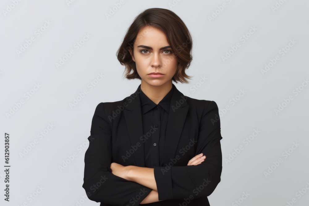 Serious businesswoman with folded arms looking at camera over grey background. Generative AI Serious businesswoman with folded arms looking at camera over grey background. Generative AI