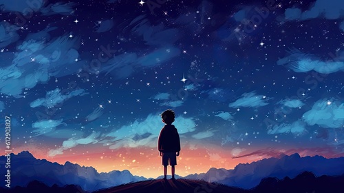 Small boy standing outside and watching the stars in the universe. Dreamy stars background art.