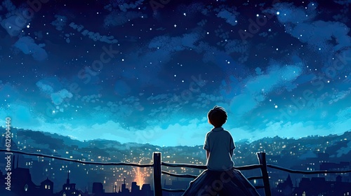 Small boy standing outside and watching the stars in the universe. Dreamy stars background art. photo