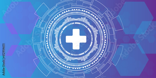 Vector illustration of healthcare and technology concept with flat icons and symbols. Template design for health care business, innovation medicine, pharmaceutical industry, science, medical research.