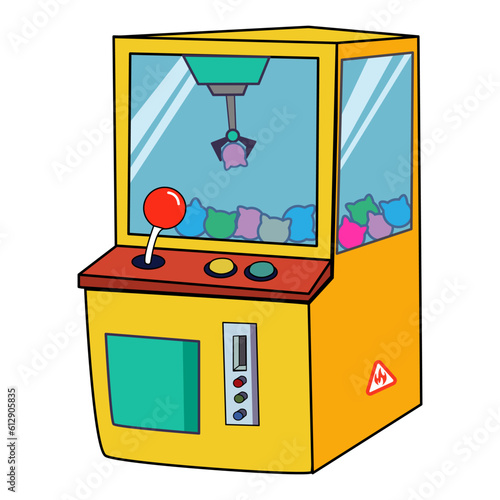 Yellow Crane game doll machine.
Claw machine with colorful plush toys. 
vector illustration in flat cartoon style.