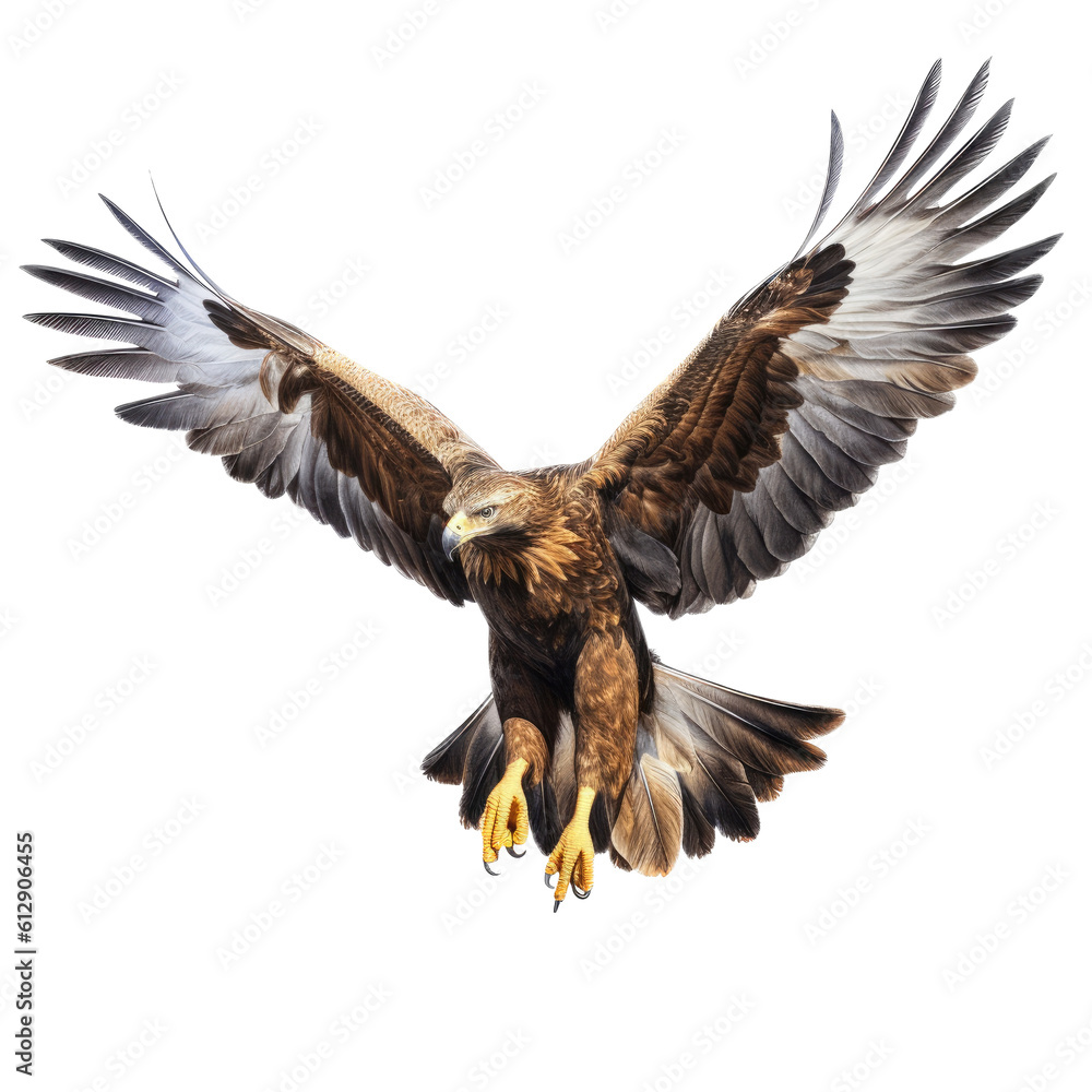 Obraz premium a Golden Eagle in flight in various positions, magnificent Raptor Wildlife-themed, photorealistic illustrations in a PNG, cutout, and isolated. Generative