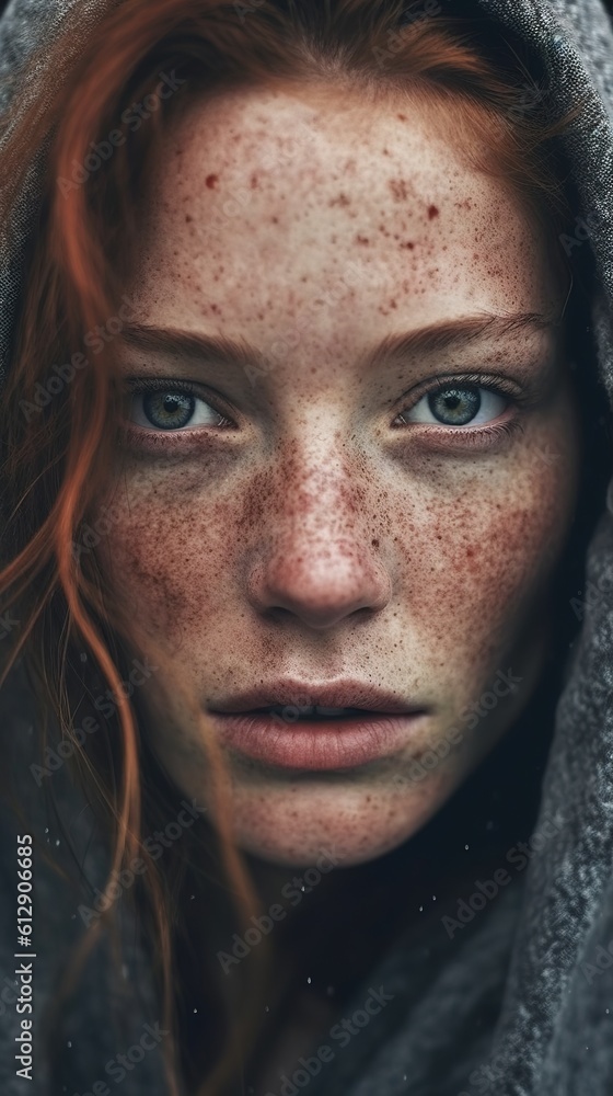 Beautiful Lady with Red Hair and blues eyes, Portrait close shot, Freckles