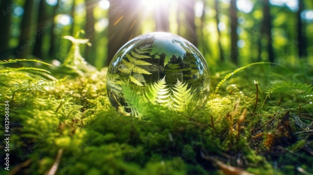 Crystal earth on ferns in green grass forest with sunlight. Environment ...