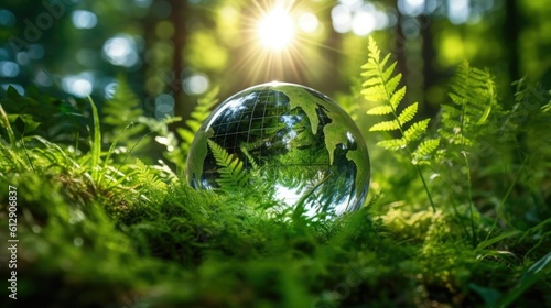 Crystal earth on ferns in green grass forest with sunlight. Environment  save the World  earth day  ecology  and Conservation Concepts