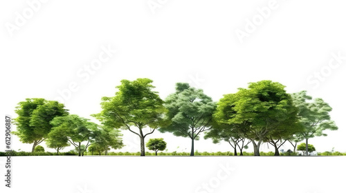 Green trees, shrubs and meadow isolated on transparent background. Generative ai