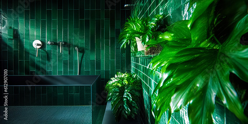Fototapeta Naklejka Na Ścianę i Meble -  Luxury bathroom in tropical jungle style with dark theme, green plants. Bright bathroom with green tile and a variety of green plants, a green oasis for relaxation.