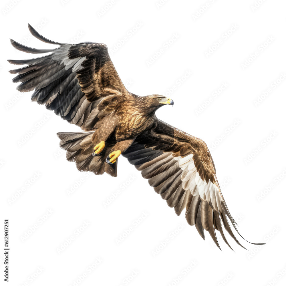 Obraz premium a Golden Eagle in flight in various positions, magnificent Raptor Wildlife-themed, photorealistic illustrations in a PNG, cutout, and isolated. Generative AI