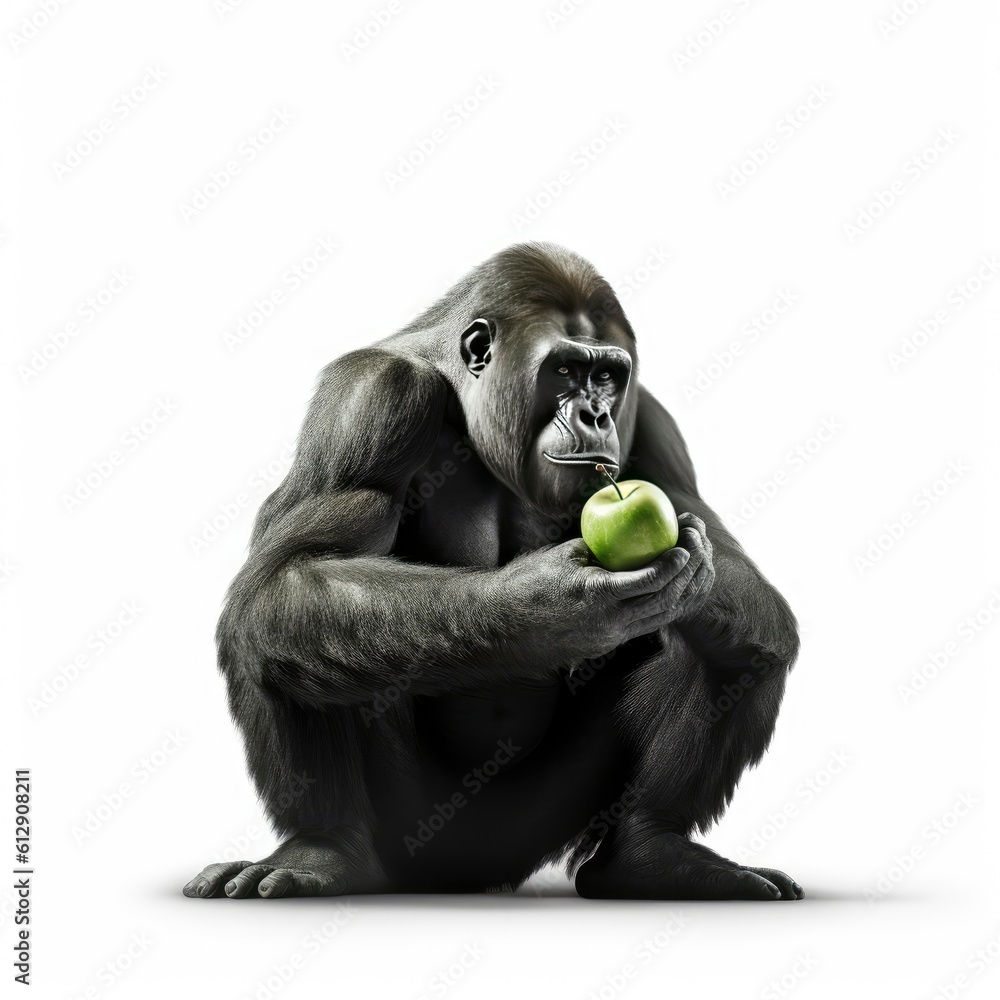 a gorilla eating an apple