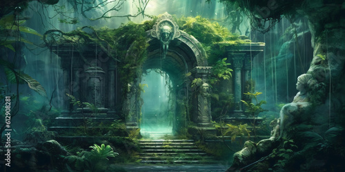 A stone archway with plants and stairs in the middle of a an ancient forest