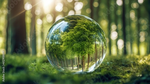Glass globe in green forest with the icon environment of ESG, co2, circular company, and net zero.Technology Environment, society, and governance for sustainable business on green company Concept