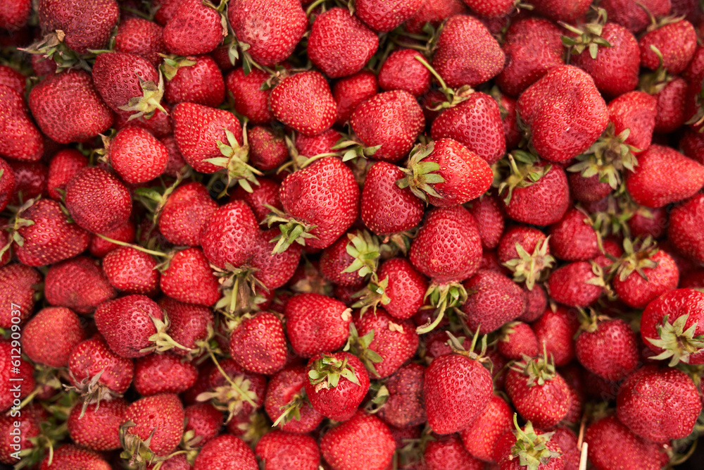 Organic fresh red strawberries. Delicious strawberries make up the background. Summer fruit theme. High quality photo Organic fresh red strawberries. Delicious strawberries make up the background. Summer fruit theme. High quality photo