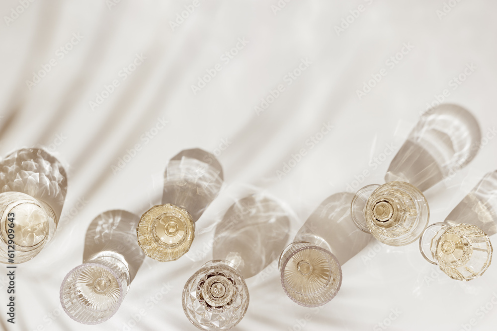 Top view white sparkling wine in different glasses of wine, stemmed glass with sun shadow palm leaf on light beige background. White wine tasting concept flat lay, copy space. Summer drinks Top view white sparkling wine in different glasses of wine, stemmed glass with sun shadow palm leaf on light beige background. White wine tasting concept flat lay, copy space. Summer drinks