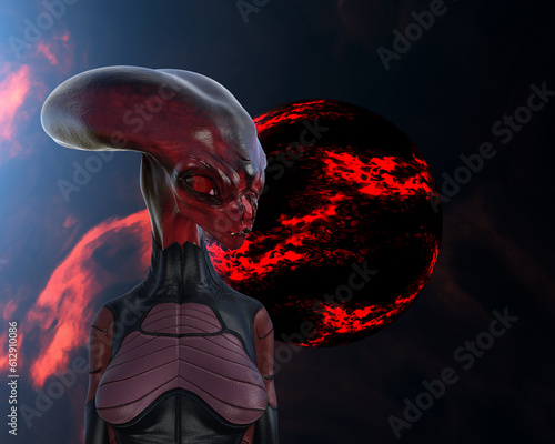 Illustration of a creepy red skin female alien with a large extended cranium in the foreground with a fiery planet and gaseous nebula in the background.