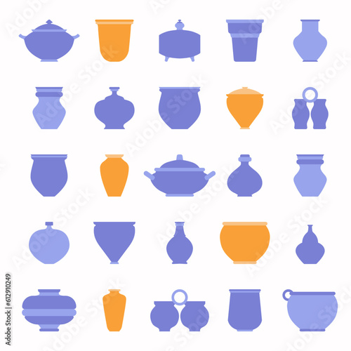 Set of colorful pots. Vector flat illustration. Various vases, pots, cups in traditional style. Pottery studio icon set. Products made on potters wheel