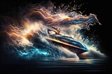 Luxury yacht with fire and smoke on dark background