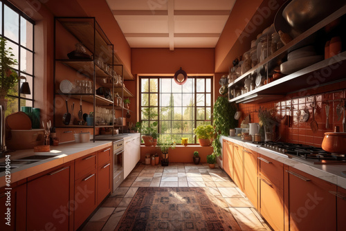 Classic old vintage interior kitchen room with minimal cozy tone style, decorate with counter table. chairs and warm tone background, with Generative Ai. © TANATPON