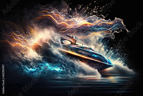 Luxury yacht with fire and smoke on dark background