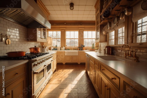 Classic old vintage interior kitchen room with minimal cozy tone style, decorate with counter table. chairs and warm tone background, with Generative Ai.