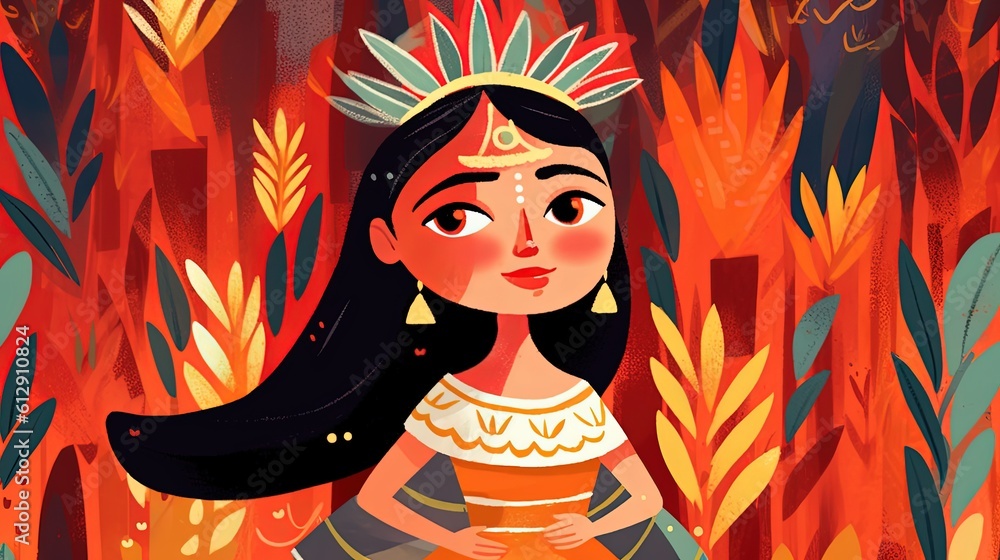 children book style character, pretty tribal princess in flower garden, Generative Ai