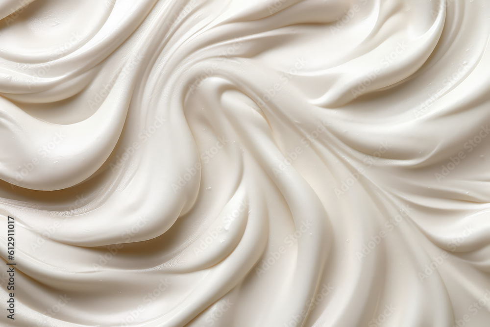 Above view of the texture of the pastry cream of milky white. Texture pattern of dessert cream or beige paint with swirls and strokes. Generative AI photo imitation. Above view of the texture of the pastry cream of milky white. Texture pattern of dessert cream or beige paint with swirls and strokes. Generative AI photo imitation.