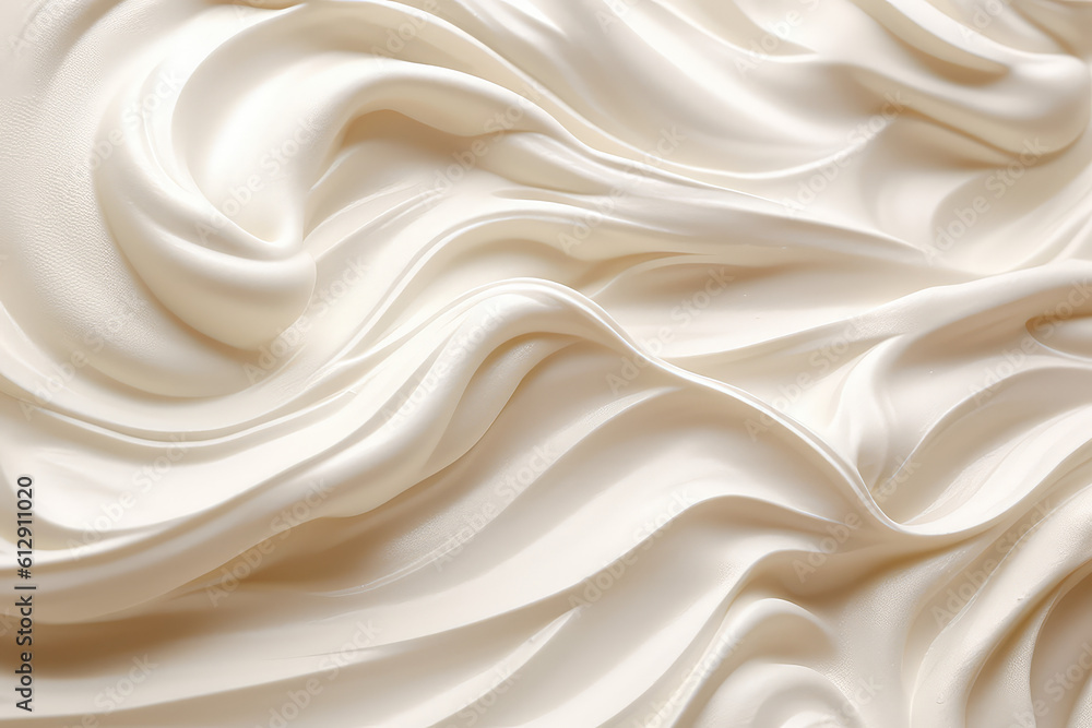 Top view of the texture of the pastry cream of light milky white color. Texture pattern of dessert cream or beige paint with swirls and strokes. Generative AI photo imitation.