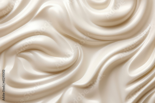 Top view of the texture of yummy pastry cream of milky white color. Texture pattern of dessert cream or beige paint with swirls and strokes. Generative AI photo imitation.