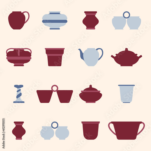Set pots. Vector flat illustration. Various vases and pots. Pottery studio icon set. Products made on potters wheel. Ukrainian folk crockery