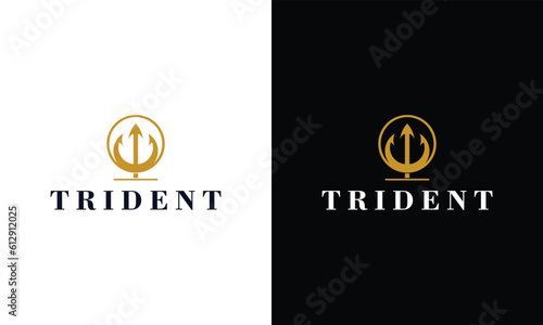 Gold trident logo icon. Premium corporate company brand identity emblem. Abstract forked spear sign. Devils pitchfork symbol. Vector illustration.