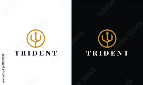 Gold trident logo icon. Premium corporate company brand identity emblem. Abstract forked spear sign. Devils pitchfork symbol. Vector illustration.