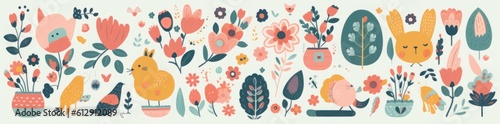 Big collection of flowers, leaves, birds, bunny and spring symbols, Generative AI © Visual Vortex