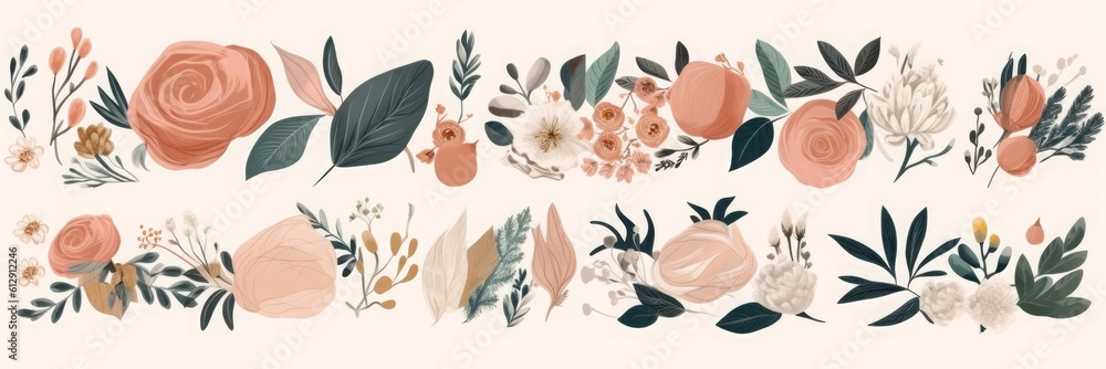 Beautiful  flower collection with roses, leaves, floral bouquets, flower compositions, Generative AI