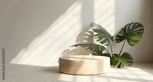 Empty wooden podium with monstera leaves on background, natural shadows design. Beauty product display. Organic Natural concept. Mock up, Spa. Generative ai