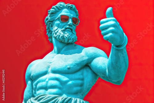 colorful greek god statue smiling, wearing cool sunglasses, ai generated