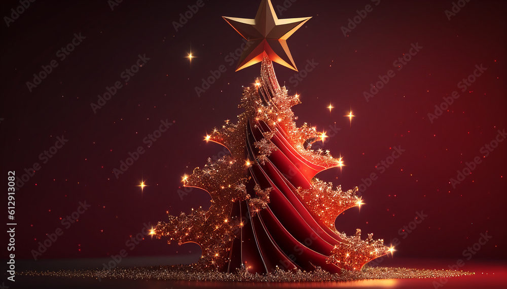 Christmas tree with stars, Christmas star tree with glitter on a crimson background, Generative AI Christmas tree with stars, Christmas star tree with glitter on a crimson background, Generative AI