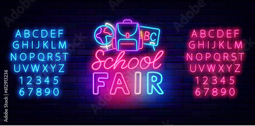 School fair neon label. Glowing advertising. Shiny pink and blue alphabet. Vector stock illustration