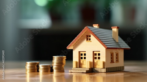 House model and coin holder money on the table for finance and banking concepts. Property investment mortgage and home rental concept earning from home