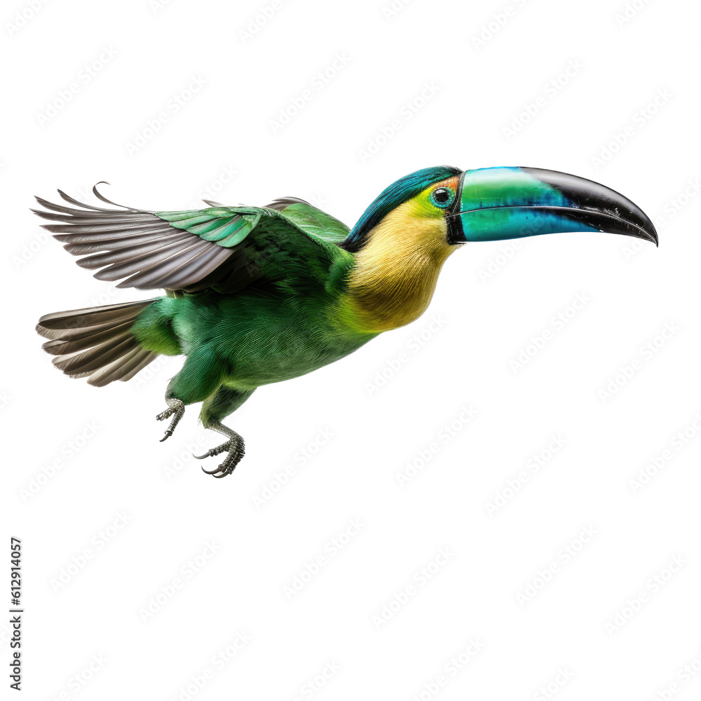 Obraz premium an Emerald Toucanette in flight in various positions, rainforest jewel, Wildlife-themed, photorealistic illustrations in a PNG, cutout, and isolated. Generative AI