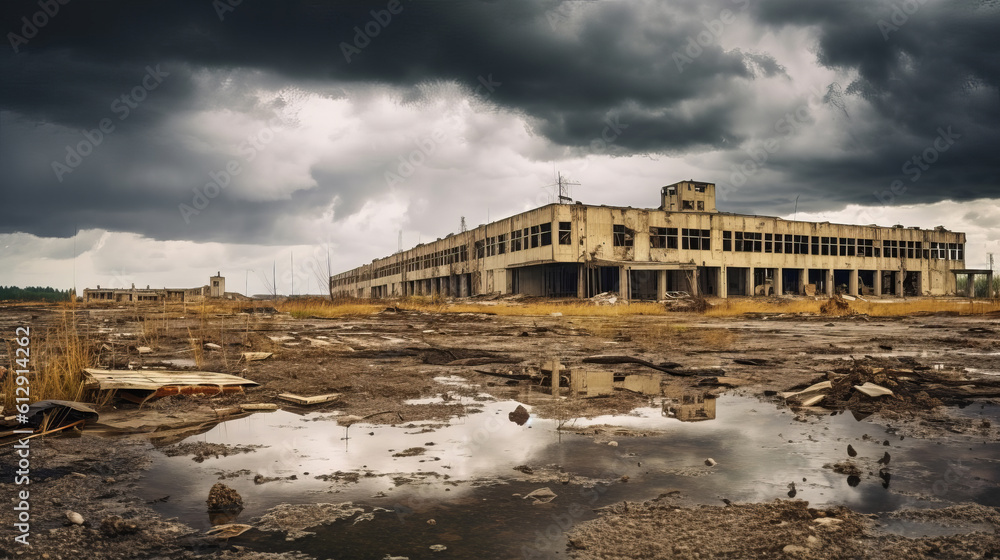 An abandoned two-storey industrial building. Around garbage, puddles and devastation. Thunderclouds. Generative Ai