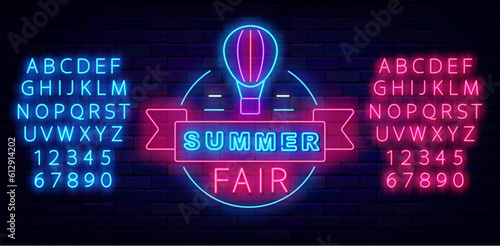 Summer fair neon label. Family festival promotion. Hot air balloon with circle frame. Vector stock illustration