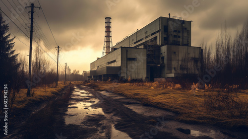An abandoned nuclear power plant with a large pipe. Gloomy weather. Generative Ai